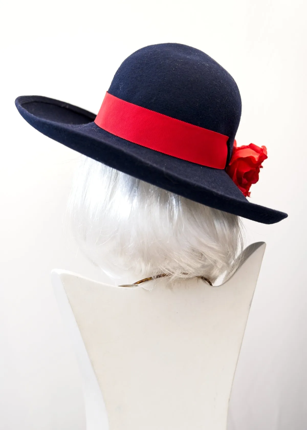 1970s Vintage Wide Brim Felt Phillip Somerville Hat • Blue Red Flower