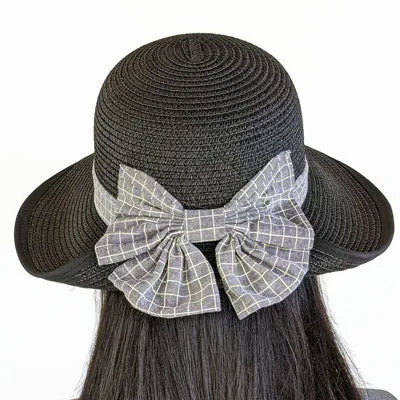 210-a Straw hat with bow back in sand or black with adjustable fit