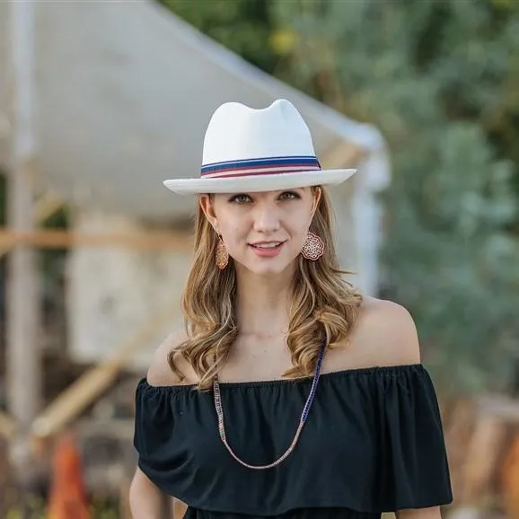 Austral White Panama Hat - The Oceana with Navy and Red Striped Band