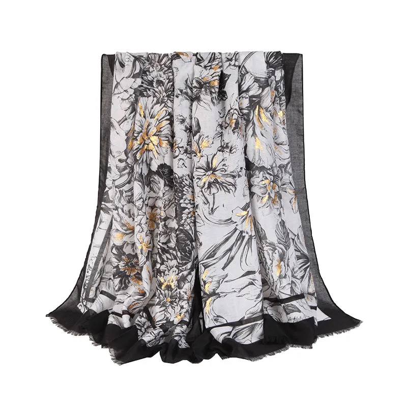 Autumn and winter new satin printing spring orchid autumn chrysanthemum outdoor ladies warm shawl scarf