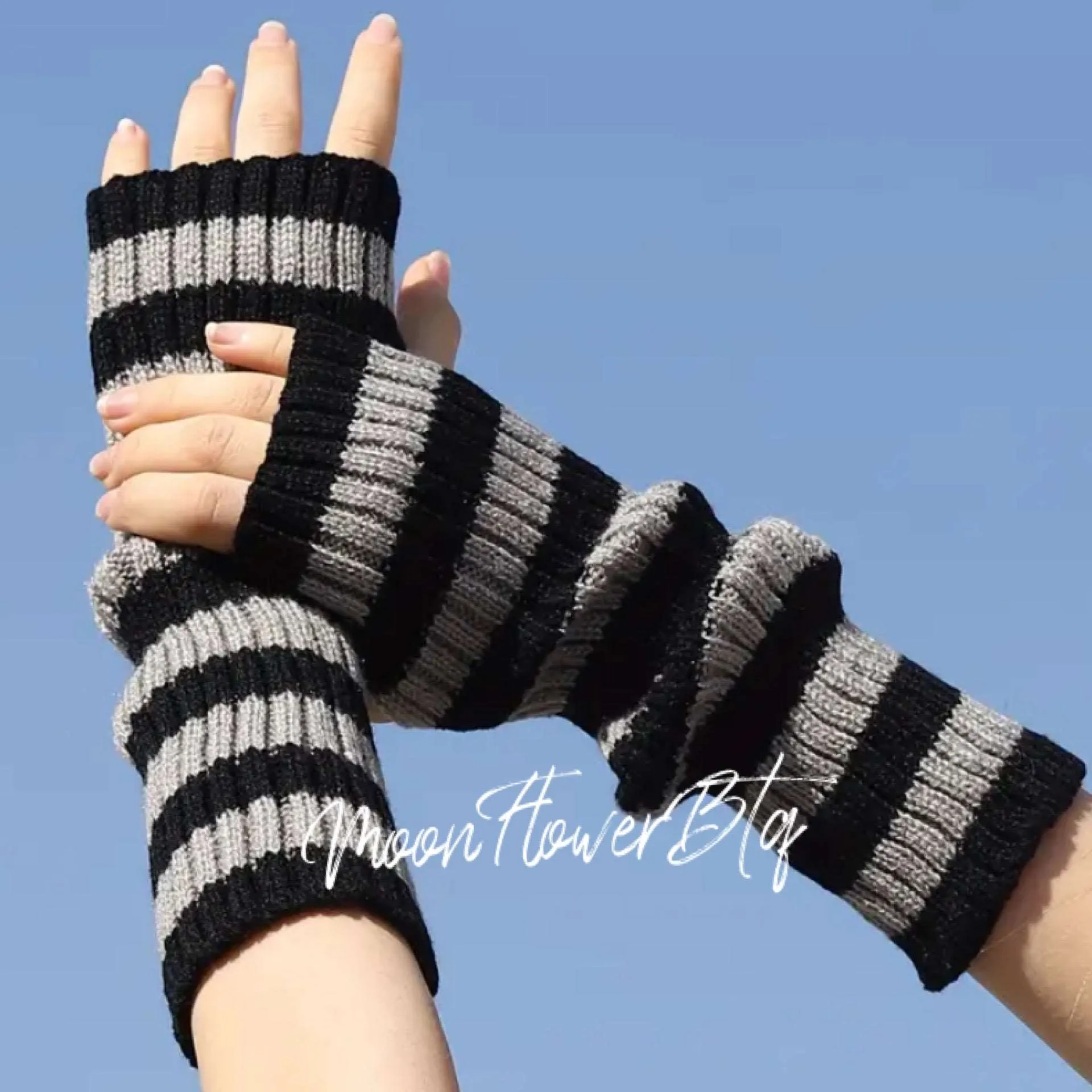 Black Gray Long Ribbed Knit Fingerless Gloves