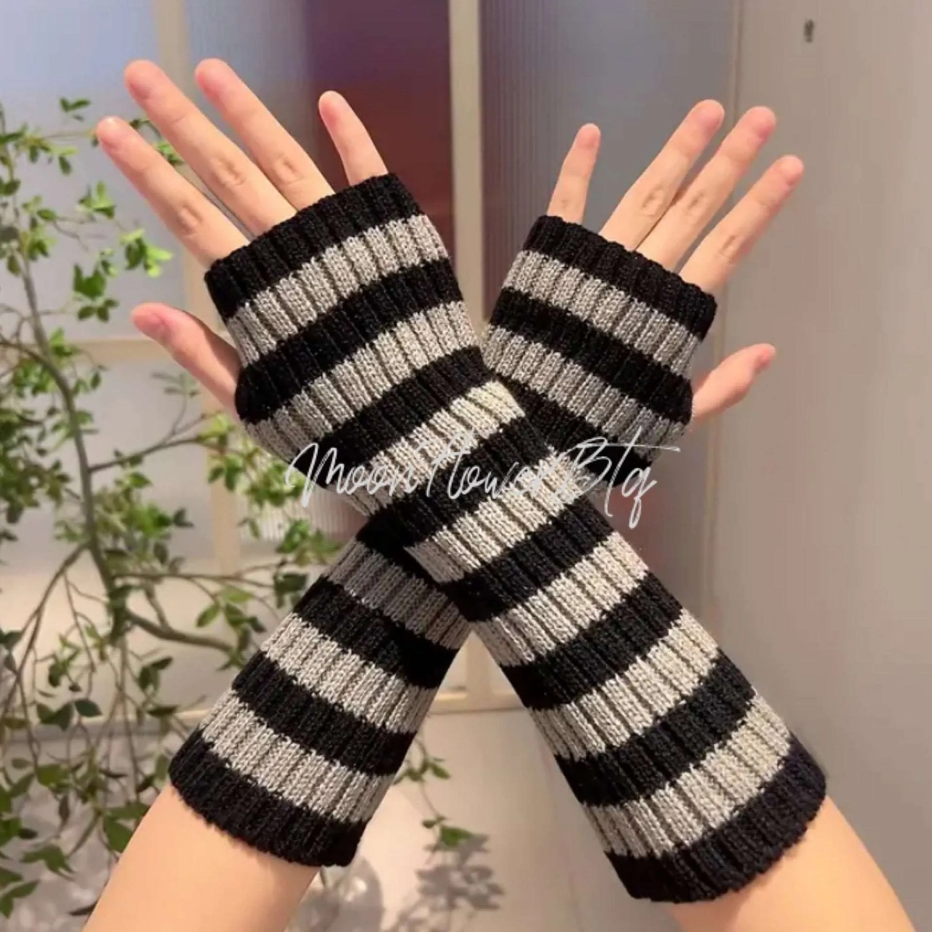 Black Gray Long Ribbed Knit Fingerless Gloves