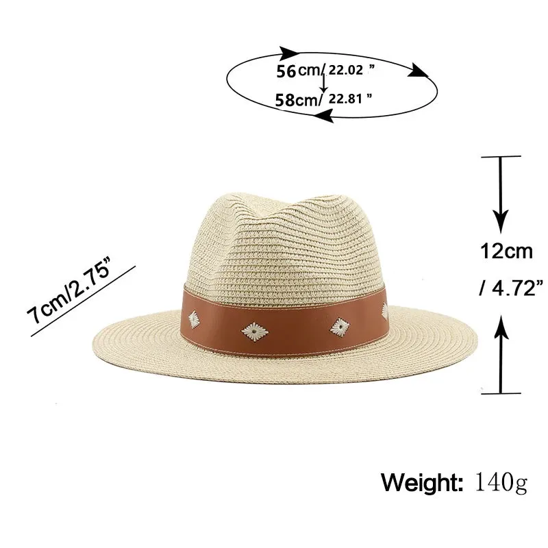 Casual Straw Wide Brim Hat with Genuine Leather Band