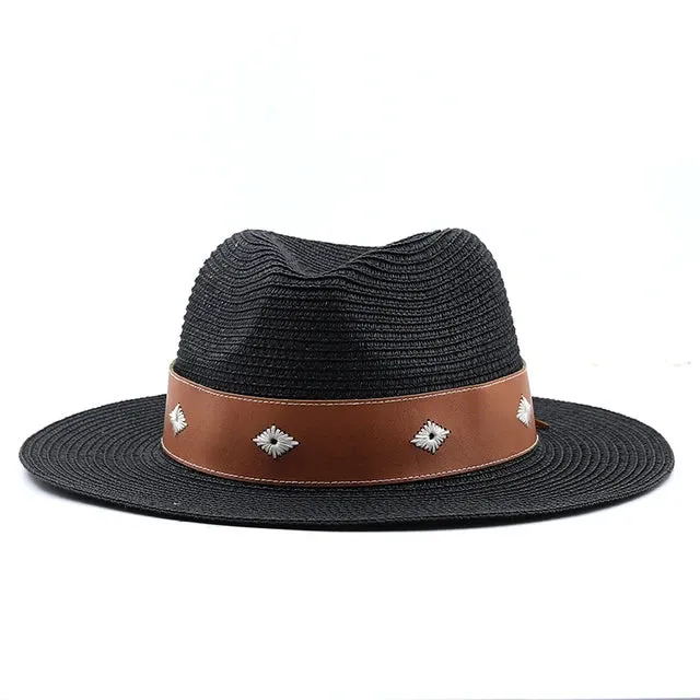 Casual Straw Wide Brim Hat with Genuine Leather Band