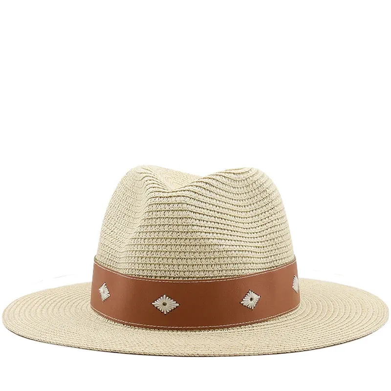 Casual Straw Wide Brim Hat with Genuine Leather Band