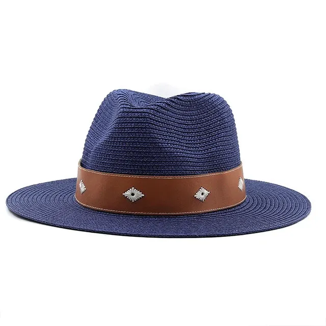 Casual Straw Wide Brim Hat with Genuine Leather Band