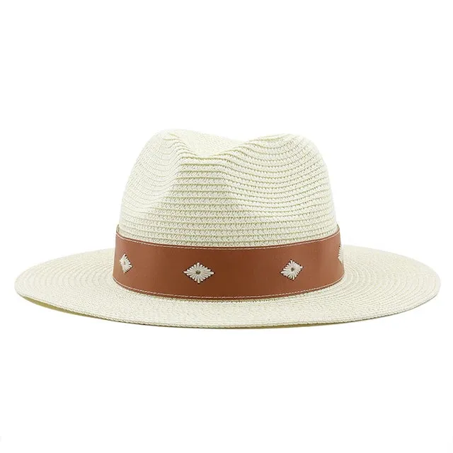 Casual Straw Wide Brim Hat with Genuine Leather Band