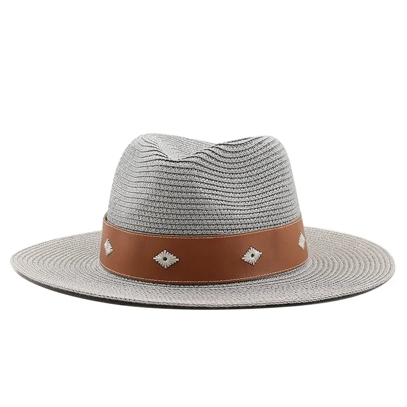 Casual Straw Wide Brim Hat with Genuine Leather Band