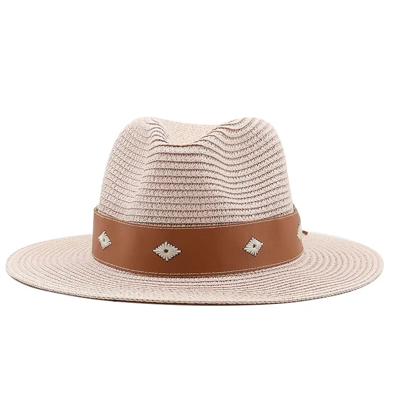 Casual Straw Wide Brim Hat with Genuine Leather Band