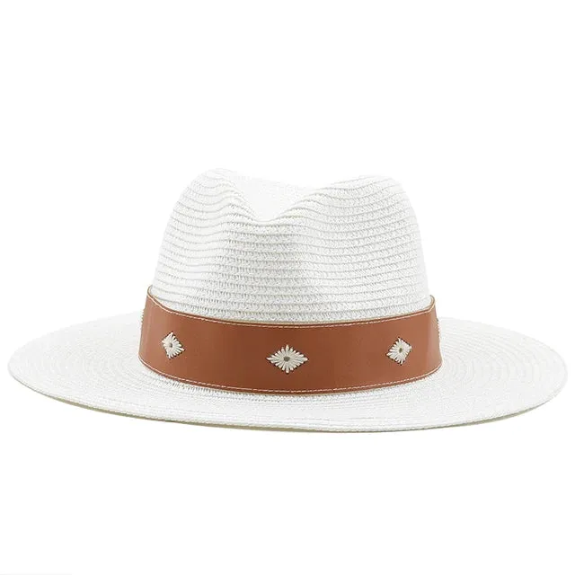 Casual Straw Wide Brim Hat with Genuine Leather Band