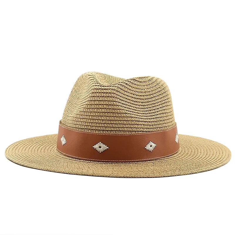 Casual Straw Wide Brim Hat with Genuine Leather Band