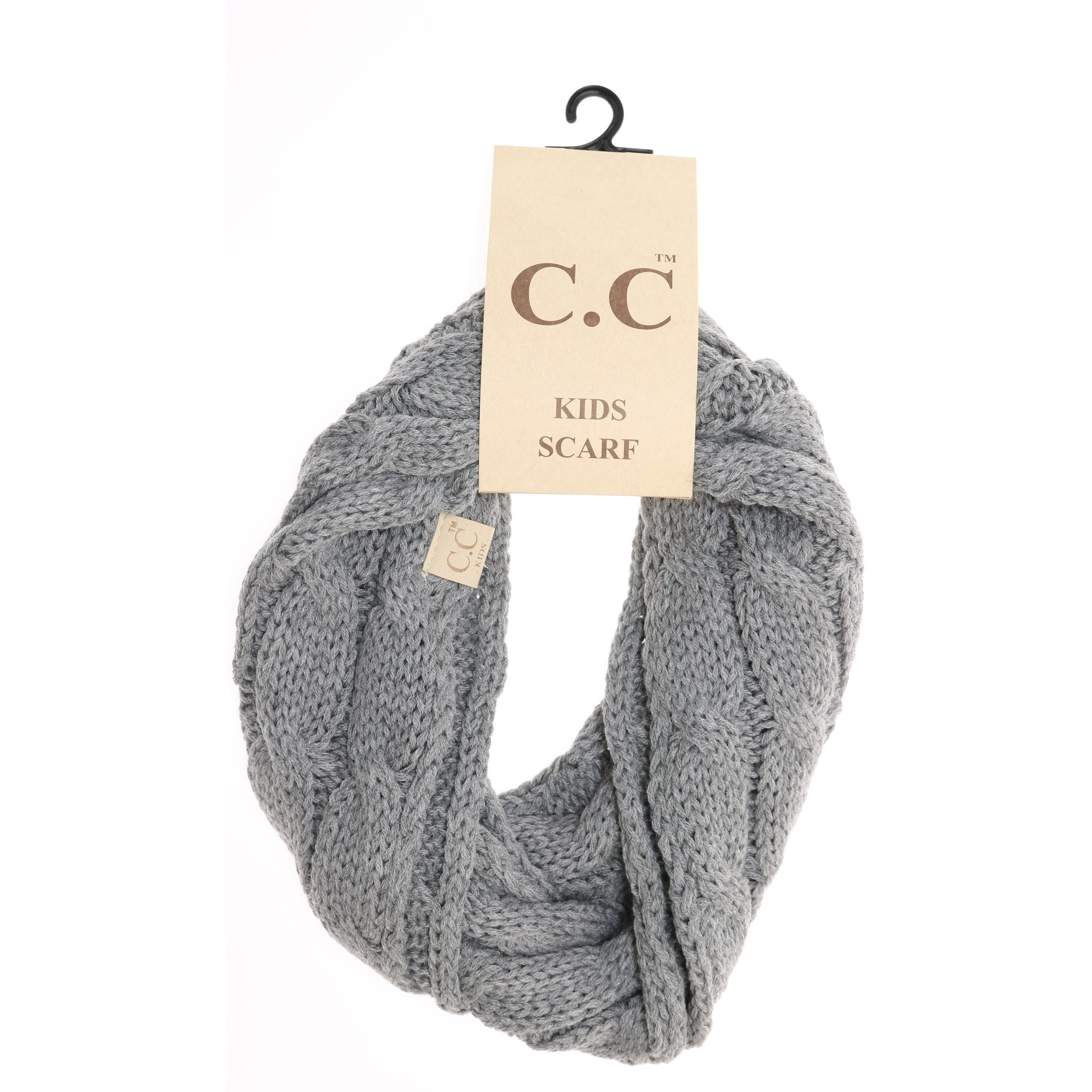 CC Beanie | Kids Solid Cable Knit Infinity Scarf ~ Light Gray