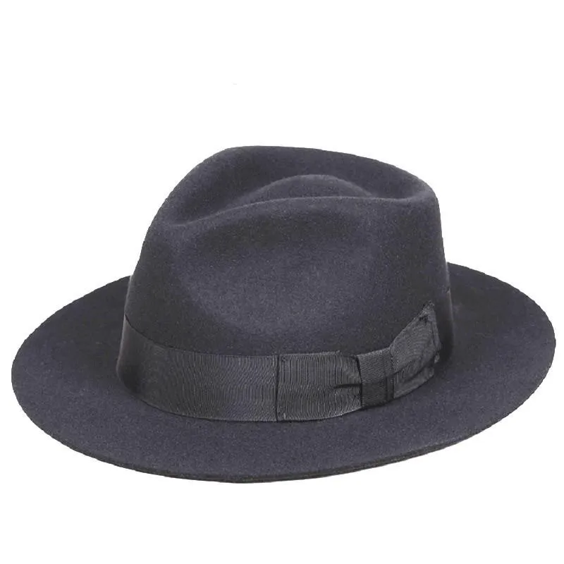 Classic Men's Black Wool Fedora Gentleman Hat Wide Brim