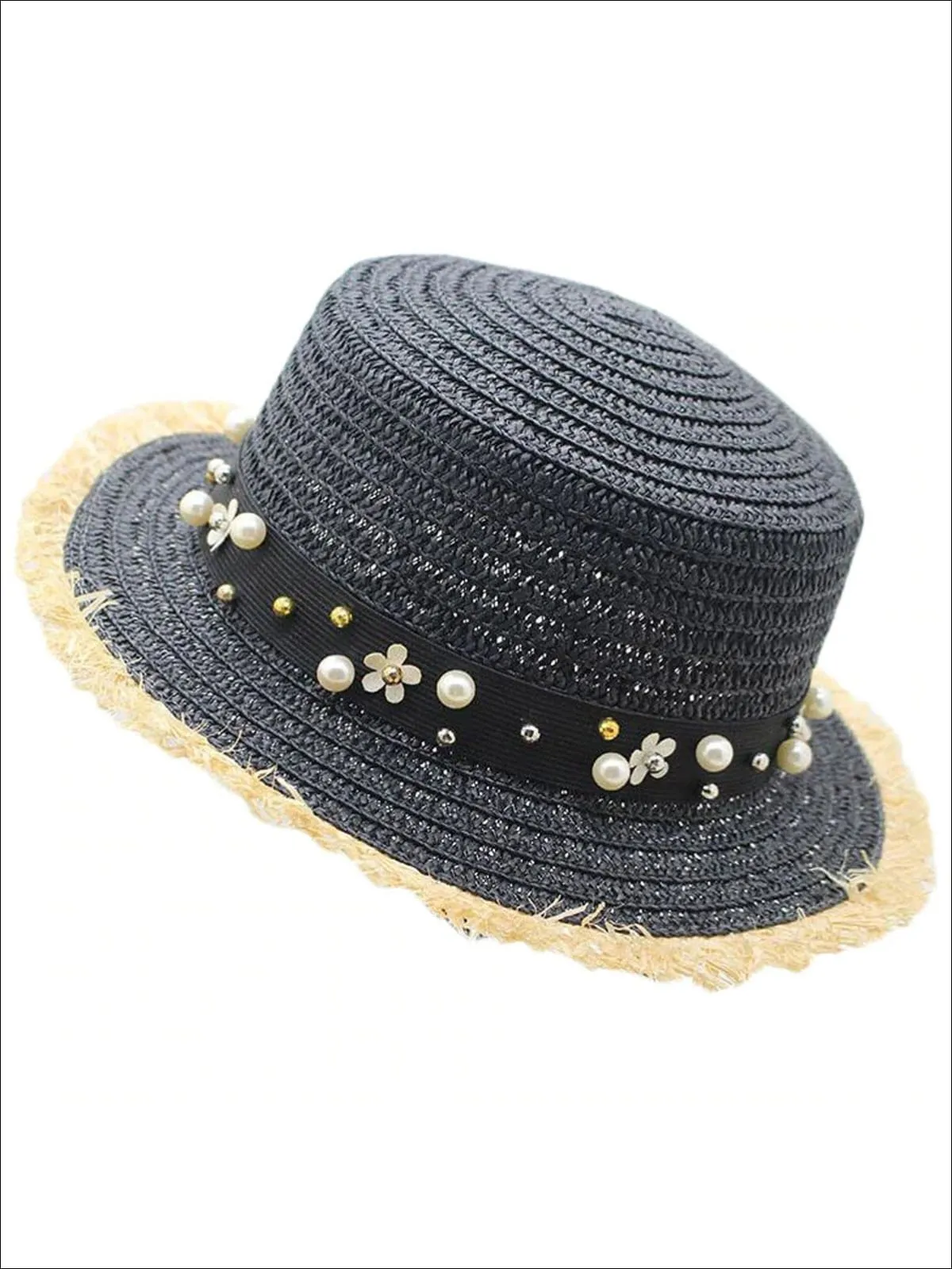 Girls Pearl Embellished Frayed Edge Straw Hat