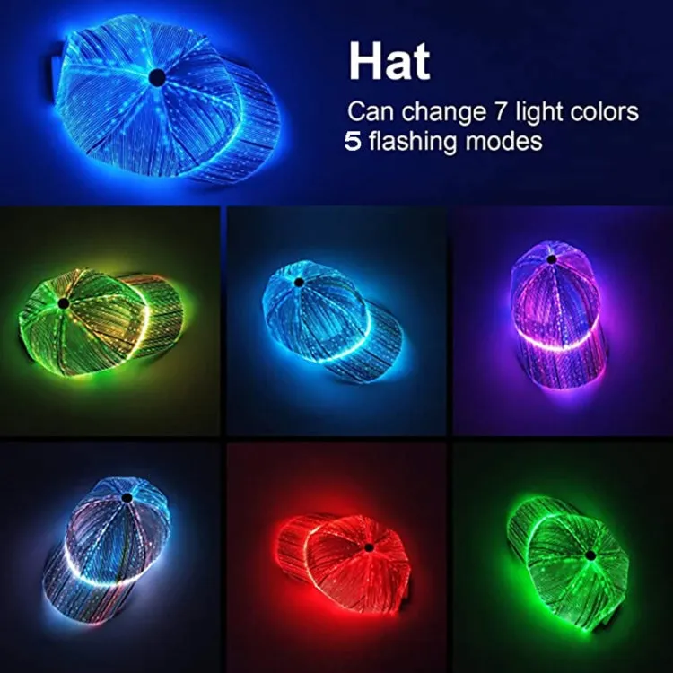 LED Fiber Optic Luminous Hat Couple Luminous Hat Outdoor Luminous Cap Performance Hat(Black Colorful Light)