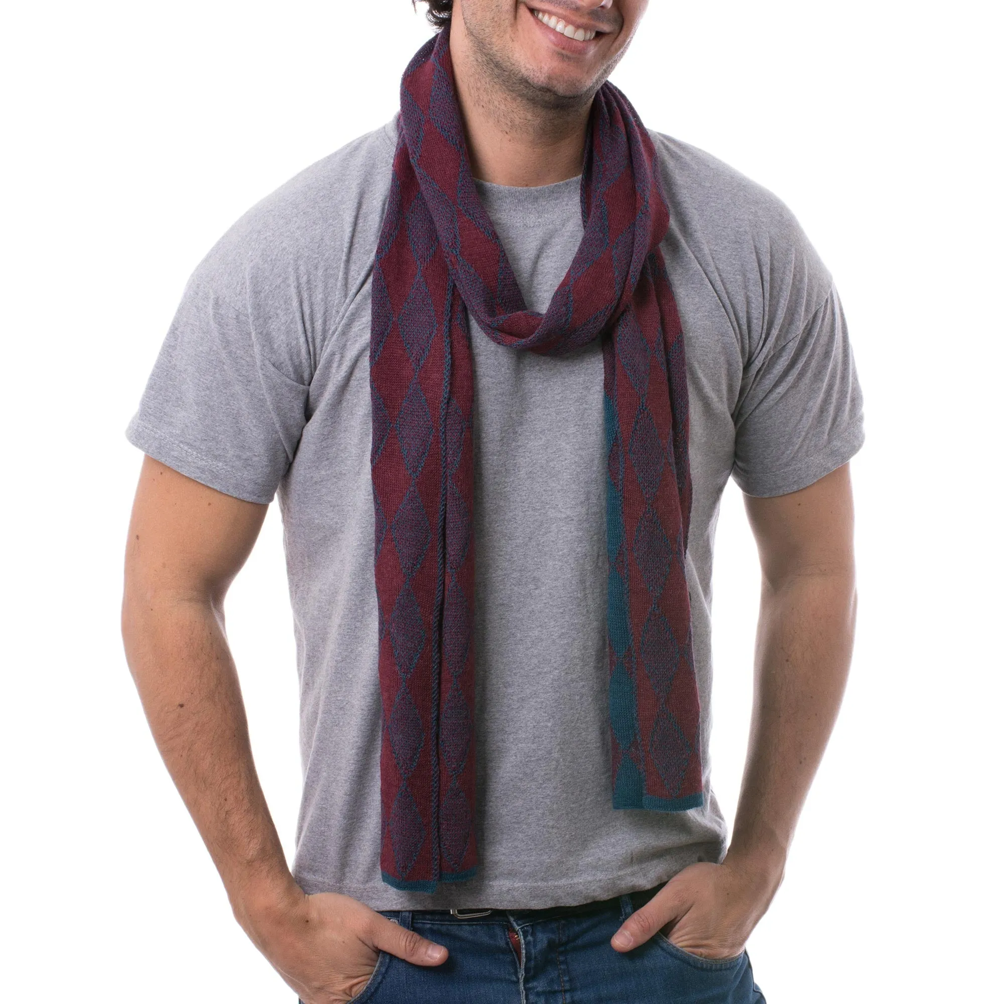 Men's Alpaca Blend Scarf in Teal and Cherry from Peru - Diamond Sophistication | NOVICA