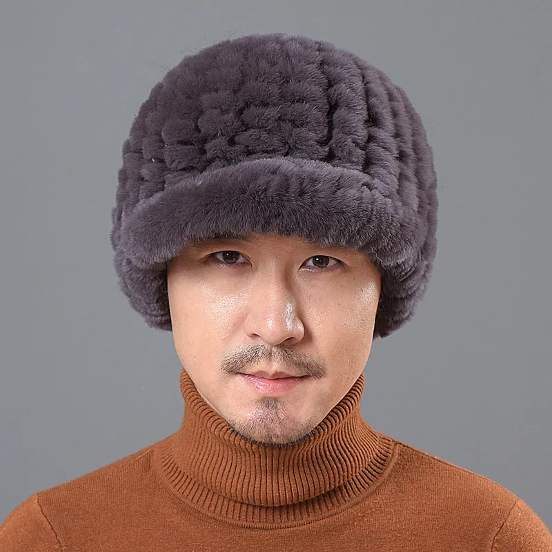 Men's Rex Rabbit Fur Hat Winter Thickened Warm Fur Peaked Cap