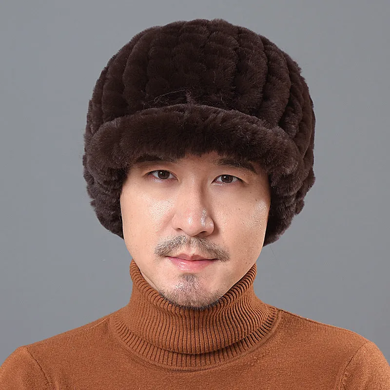 Men's Rex Rabbit Fur Hat Winter Thickened Warm Fur Peaked Cap