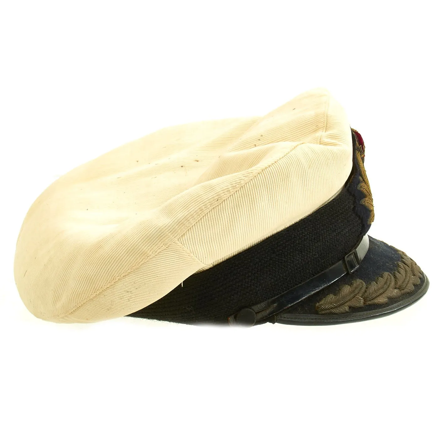 Original British WWII Royal Navy Officers Visor Cap by William Forsythe with Oak Leaves & White Cover