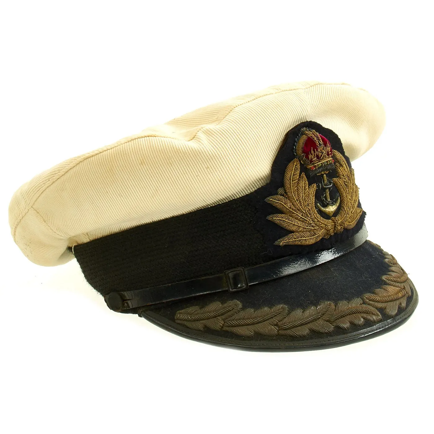 Original British WWII Royal Navy Officers Visor Cap by William Forsythe with Oak Leaves & White Cover