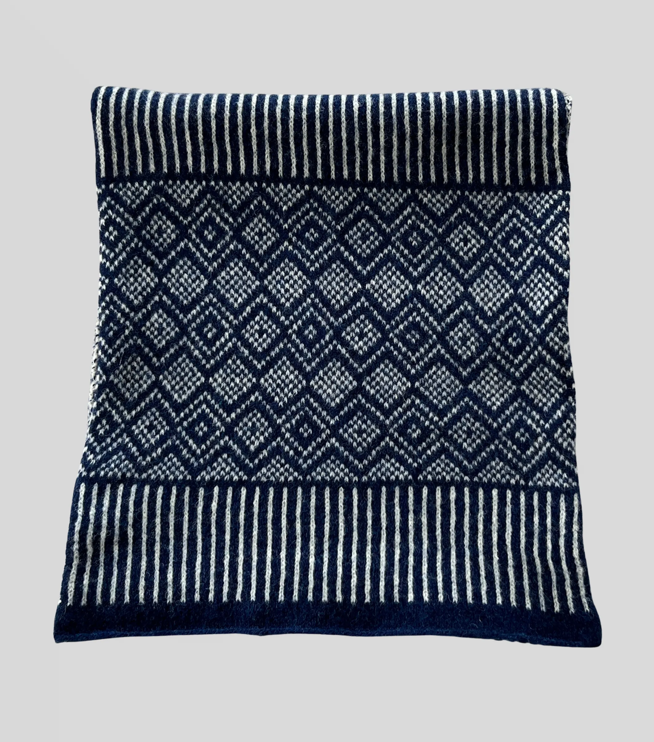 Scarf -soft merino lambswool Scandi pattern with stripes in navy blue and natural white